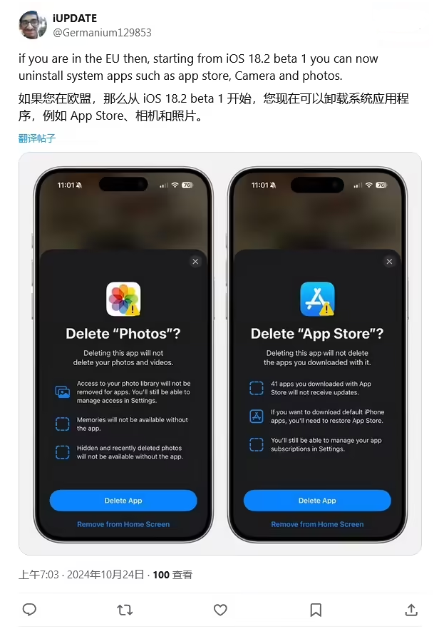 丛台苹果手机维修分享iOS 18.2 支持删除 App Store 应用商店 